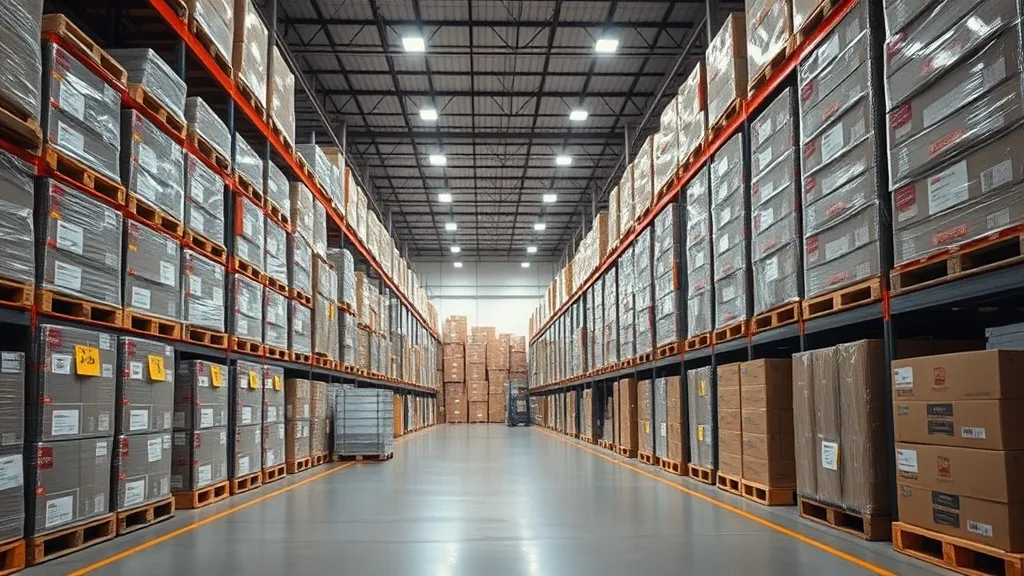 A wide shot of a clean, organized warehouse store aisle with