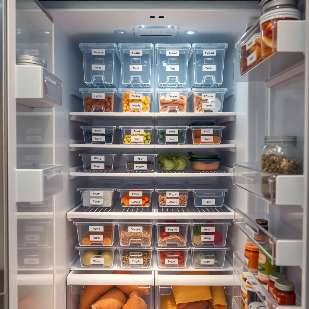 A meticulously organized refrigerator interior with clear bi