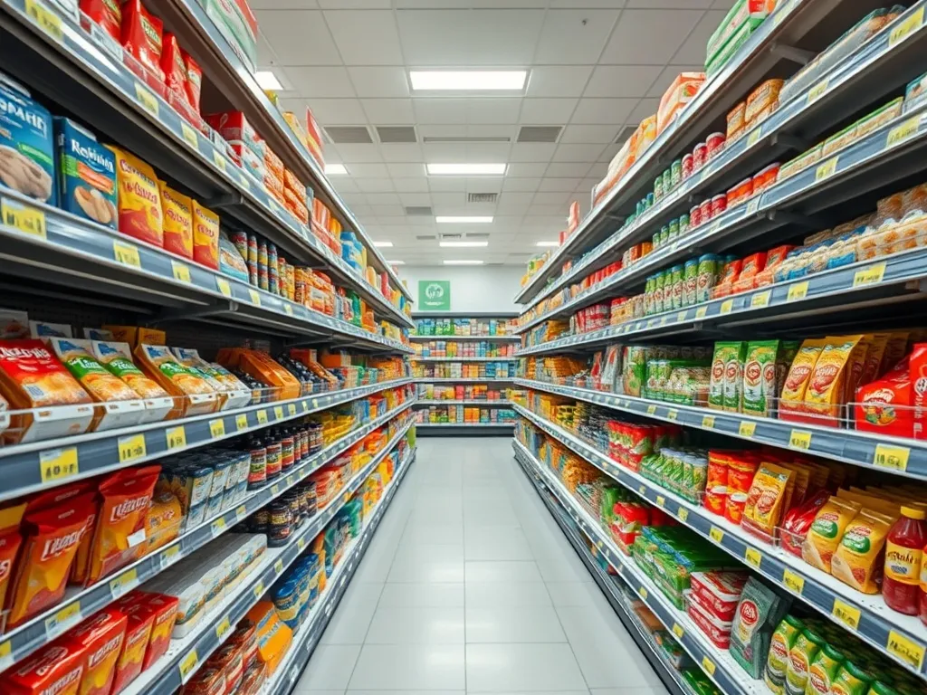 Wide angle photo of organized supermarket shelves with price