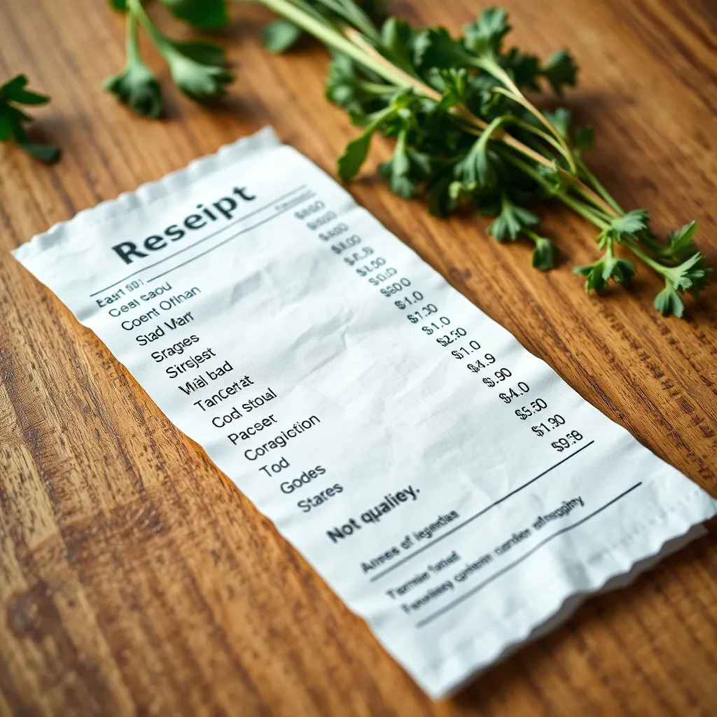 A detailed macro shot of a grocery receipt lying on a wooden