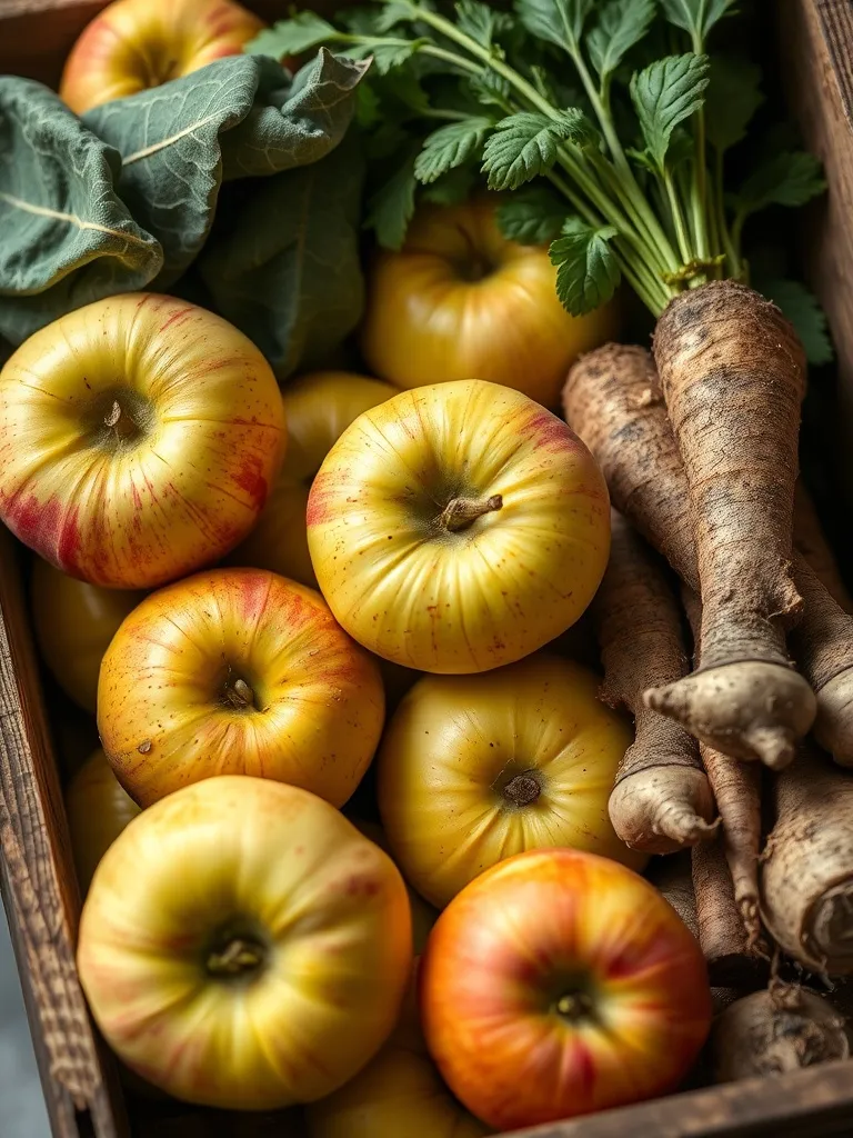 Close up of fresh local Ontario apples and root vegetables i