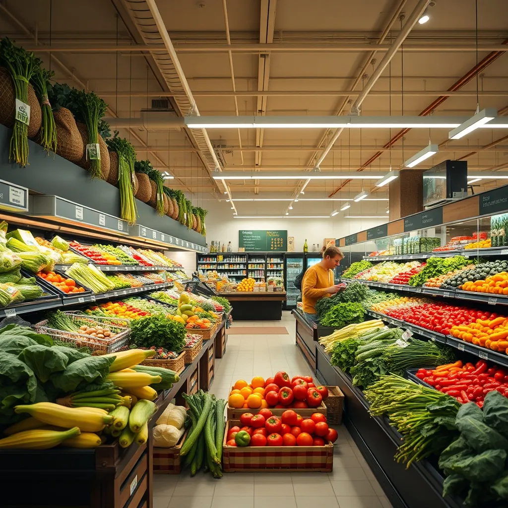 A wide shot of a clean, organized local grocery market inter